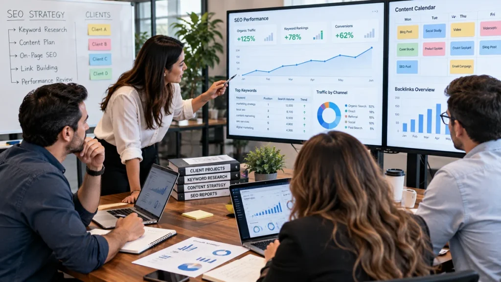 Digital marketing agency team reviewing SEO reports and client campaign dashboards in a modern office